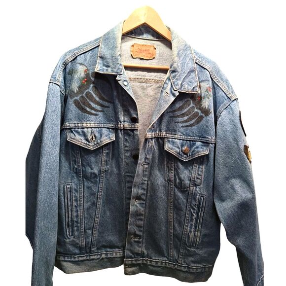 VINTAGE Custom 80s LEVI'S Patches DENIM Jean TRUCKER JACKET Harley MADE IN USA - Picture 2 of 7